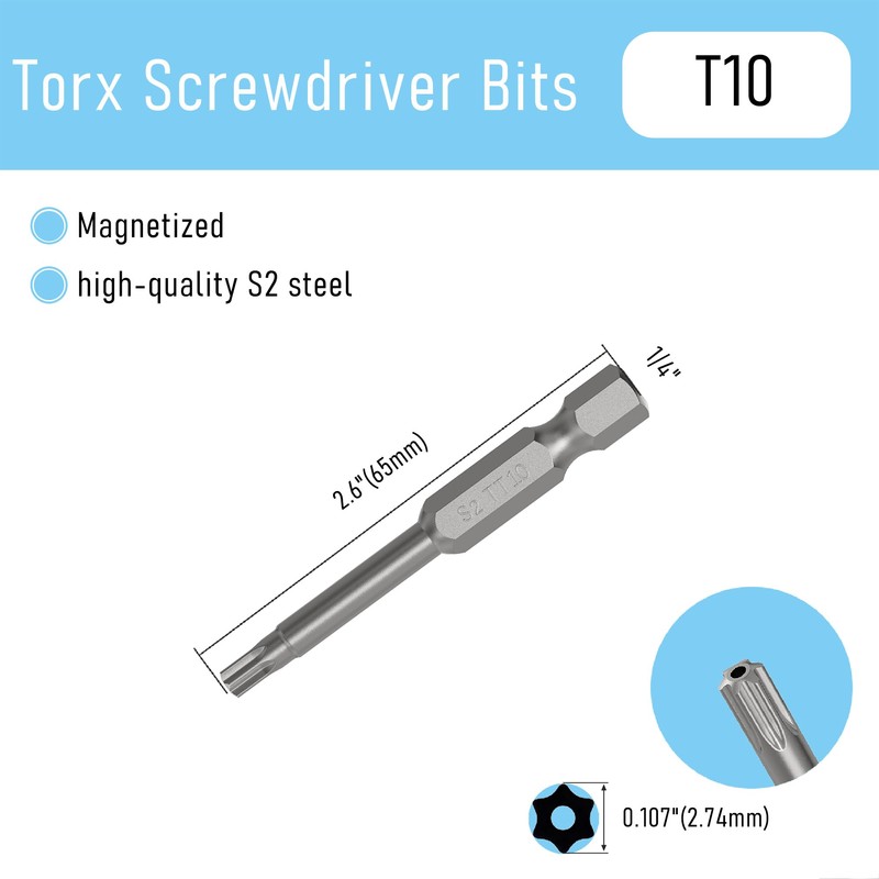 FOCMKEAS 5PCS T10 Magnetic Tamper Proof Torx Screwdriver Bits, 1/4