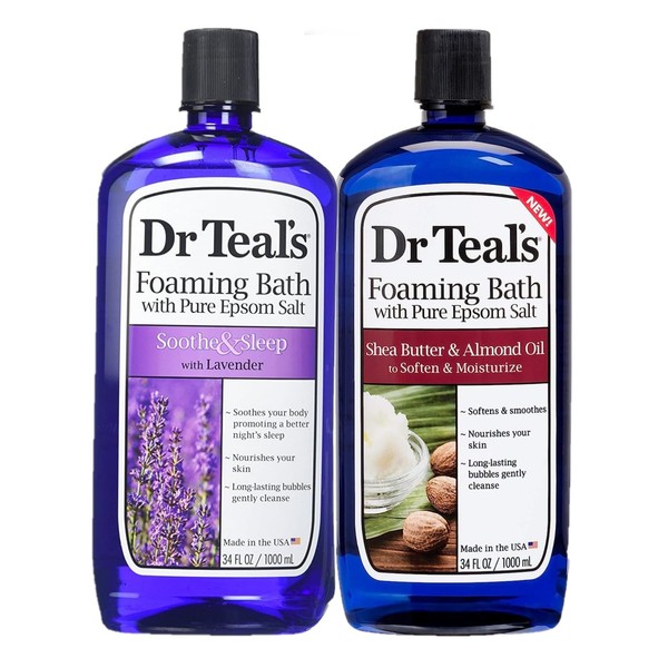 Dr. Teal's Lavender & Shea Butter Foaming Bath Gift Set (2 Pack, 34oz Ea) - Soothe & Sleep Lavender, Soften & Moisturize Shea Butter & Almond Oil - Essential Oils Blended with Pure Epsom Salt