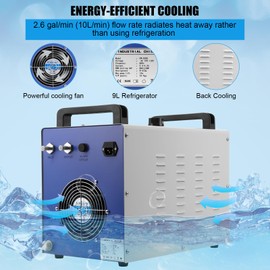 JustSmart Industrial Water Chiller CW3000, Laser Water Chiller, 110V 9L Capacity 2.6gpm CW3000 Water Cooling System for 40W-80W CO2 Laser Engraving & Cutting Machines, 50W / ℃ of Radiating Capacity