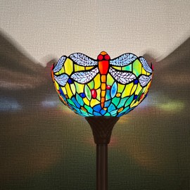 Capulina Tiffany Lamp Stained Glass Torchiere Floor Lamp 70 Inches Tall Industrial Dark Bronze Pole Blue Orange Dragonfly Tiffany Style Standing Floor Lamp for Living Room Bedroom Home Office