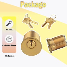 2 Pack Brass Mortise Cylinder Keyed Alike with 4 Keys for SC Keyway Standard Commercial Door Lock Cylinder, Storefront Door Lock Replacements, Gold Finish (1 1/8 "-29 mm Length)