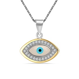 LeCalla 925 Sterling Silver Mother of Pearl and Cubic Zirconia Evil Eye Pendant Box Chain Necklace trendy jewelry for Women Teen With Lobster Claw Clasp 18 Inches