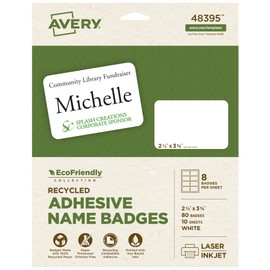 Avery EcoFriendly Recycled Name Tags, 2-1/3" x 3-3/8", White, Removable Adhesive, 80 Printable Name Badges (48395)