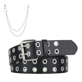 macoking Grommet Leather Belts for Women, Black Belt For Teens with Chains - Double Studded Holes-S