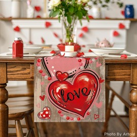 Artoid Mode Wood Love Pink Heart Valentine's Day Table Runner, Anniversary Wedding Kitchen Dining Table Decoration for Home Party Decor 13x72 Inch