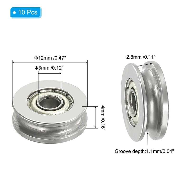 PATIKIL V-Groove Bearing, 10 Pack 3x12x4mm V Groove Guide Pulley