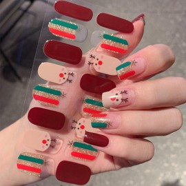 BSBTBZ 6Sheets Christmas Full Wraps Nail Polish Stickers with Cute Snowflake and Deer Santa Claus Designs Red Gel Nail Polish Nail Strips Winter Xmas Stickers Glitter Manicure Kits for Women Girls