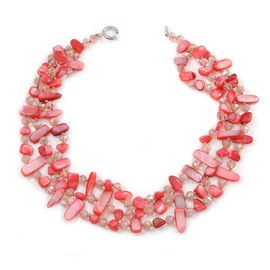 3 Row Peony Pink Shell And Pale Rose Pink Glass Bead Necklace - 45cm L