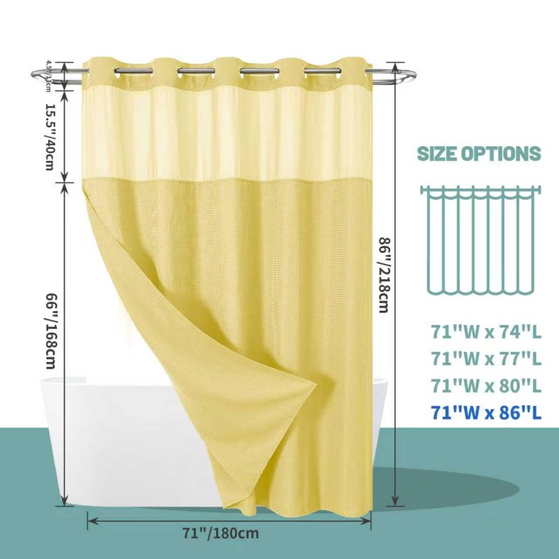 eachope Yellow No Hook Waffle Weave Shower Curtain with snap-in