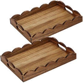 Sawysine 2 Pcs 2 Pcs Wooden Scalloped Tray with Handles Natural Scallop Serving Tray Decorative Wooden Display Plate for Kitchen Coffee Table Home Decoration (Scallop Edged,10x14x2'',8.7x12.6x2'')