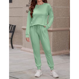 Totatuit 2 Piece Outfits Women's Tracksuits Casual Soft Cotton Ladies Loungewear Set Summer Long Sleeve Top and Bottoms Full Set for Sport Fruit Green M