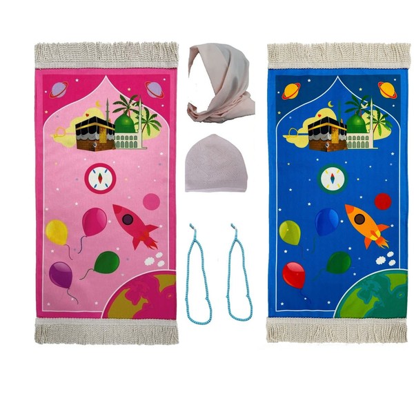 Kids Prayer Mat - Eid Gifts for Kids- Salah Mat for Kids Enjoyable Prayer Rug for Kids (Prayer Tree Blue Pink Gift)