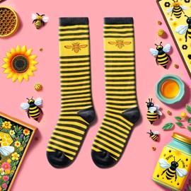 HAPPYPOP Funny Knee High Socks Funny Bee Socks Bumble Bee Gifts, Striped Socks Bee Keepers Gift Bee Accessories for Women