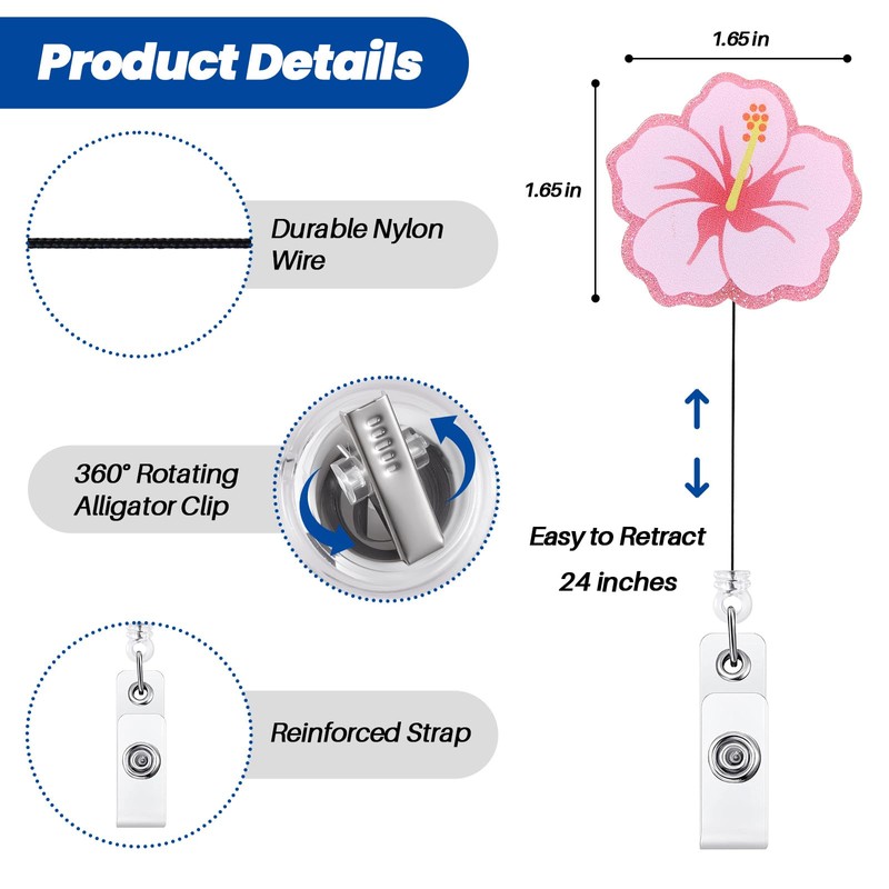 Cute Hibiscus Flower Badge Reel, Retractable ID Card Pink Badge