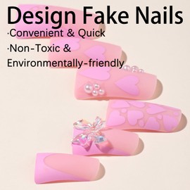 FIEONCIY Press on Nails Duck Shape Glossy Full Cover Medium Acrylic French Pink False Nails with Heart Bow Designs Artificial Duck Fake Nails with Charms Glue ons Nails Stick on Fingernails for Women