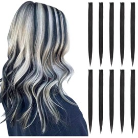 RINBOOOL RINBOOOL Black Hair Extensions Clip in for Kids Girls, 10 Pieces 22 Inch Long Straight Colored Streak Synthetic Accessories Hairpiece Clip ins, Play Party Highlights
