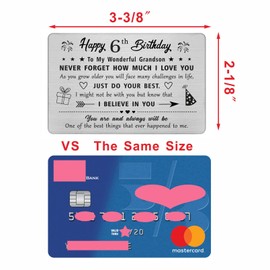 FALOGI Grandson 6th Birthday Card - Happy 6 Year Old Birthday Card for Grandson - Birthday Gifts for 6 Year Old Grandson, Metal Engraved Wallet Card