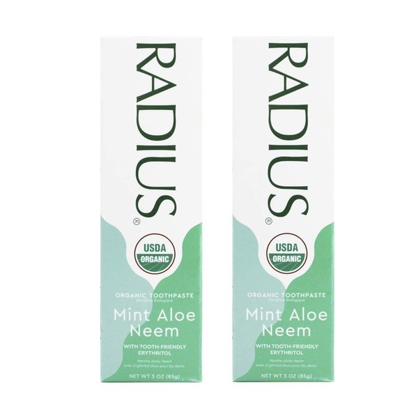RADIUS USDA Organic Toothpaste 3oz Non Toxic Chemical-Free Gluten-Free Designed to Improve Gum Health & Prevent Cavity - Mint Aloe Neem - Pack of 2