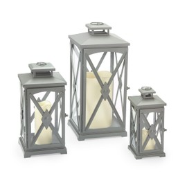 Exclusive Large Heavy Duty Metal Candle Lanterns with a Powder Coated Frame & Tempered Glass Panes, Grey, Assorted Set of 3