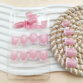 White French Tip Press on Nails Short Square Fake Nails Pink Nails Press ons Acrylic Nails Full Cover Reusable Glossy False Nails Artificial Stick Glue on Nails for Women 24 Pcs
