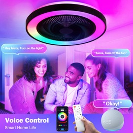 vookea 2-in-1 Low Profile Ceiling Fan with Light, 20” Caged Safety Design for Kids - RGB Color, Smart APP/Remote Control, Quiet Flush Mount DC Motor, Ideal for Bedroom/Living Room/Kitchen, Black