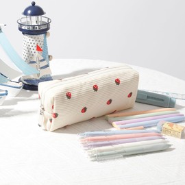Fufumin Cute Pencil Case Aesthetic Student Pencil Pouch Coin Pen Pouch Cosmetic Bag Office Stationery Organizer for Kids Teen School (Beige Strawberry)