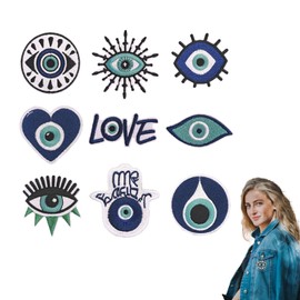 NICENEEDED 9 Pcs Evil Eye Embroidered Iron On Patch, Blue Devil's Eye Embroidery Patches, Polyester Applique Patches for Sewing DIY Craft Clothing Jacket Jeans Backpack Hat Decoration