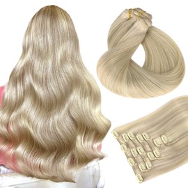 HOTBANANA Human Hair Clip in Hair Extensions, Ash Blonde Highlighted Platinum Blonde Hair Extensions 120g Clip in Hair Extensions Real Human Hair Straight Remy Hair Clip Ins 18 Inch 7pcs