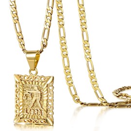 KissYan Zodiac Pendant Necklace for Women Men, 14K Gold Plated Square Constellation Sign Horoscope Figaro Chain Jewelry Birthday Gift(Libra)
