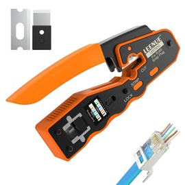 LEENUE RJ45 Crimp Tool, RJ45 Pass Through Crimping Tool for Cat7 Cat6 Cat5 Ethernet Pass Through Connectors, Cutting, Stripping, Crimping All-in-one RJ45 Crimper with 2 Replacement Blades 1 Pack