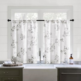 HOMEIDEAS Kitchen Curtains 36 Inch Length Cafe Tier Drapes, Light Filtering Semi Sheer Curtains, White and Grey Printed Leaf Bathroom Window Drapes for Small Window RV Camper, 2 Panels, 30 X 36 in