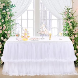 9ft White Tulle Table Skirt 2 Layer Fluffy Tutu Table Skirt Ruffle Table Cloth for Birthday Party Wedding Bridal Shower Baby Shower Decoration