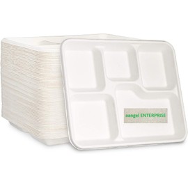 5 COMPARTMENT STRONG DISPOSABLE PLATES PACK OF 25, 30X20X5cm Size USED FOR HOT & COLD FOODS, Biodegradable Disposable Dinner Plates, Ecofriendly Divided Disposable Lunch Plates for Household Parties