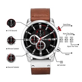 BUREI Mens Brown Vintage Leather Strap Multi-Dial Calendar Waterproof Watch Simulation Quartz Watch Classic Sports Men's Watch Gifts