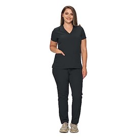 Monarch Uniforms Monarch Uniforms Scrub Sets in Regular and Petite Stretchy Scrubs for Women Set of Scrub Top and Scrub pants-(BLACK)-L