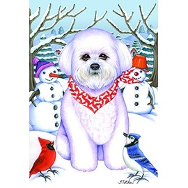 Bichon Frise - Tomoyo Pitcher Winter Scene Garden Flag. Flag is 12" x 17"