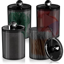 4 Pack Qtip Holder, Storage Jar Cotton Ball Holder Dispenser, Bathroom Jar with Lid Set for Round Q-tips, Cotton Swabs, 10 oz Plastic Jar Bathroom Bedroom Dresser Storage Box Black - Color: brown