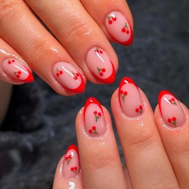 Red Press on Nail Short Fake Nails French Tip Press ones with designs Cherry False Nails Glossy Almond Acrylic Nail Artificial Gel Cute Glue on Nails for Women Manicure24pcs