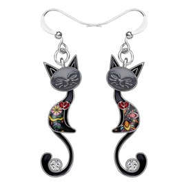 DUOWEI Rhinestone Long-tail Cat Earrings Dainty Kitten Crystal Drop Dangle Jewelry Gifts for Women Teen Girl (Grey)