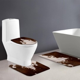 GCTNBJL Cowhide 3 Piece Bath Mat Sets,Brown Milk Cow Skin Print Farmhouse Animal Luxury Vintage Western Rustic Retro Bathroom Kitchen Memory Foam Rug,16"x24"Bath Mat,Toilet Seat Cover,U-Shaped Toilet