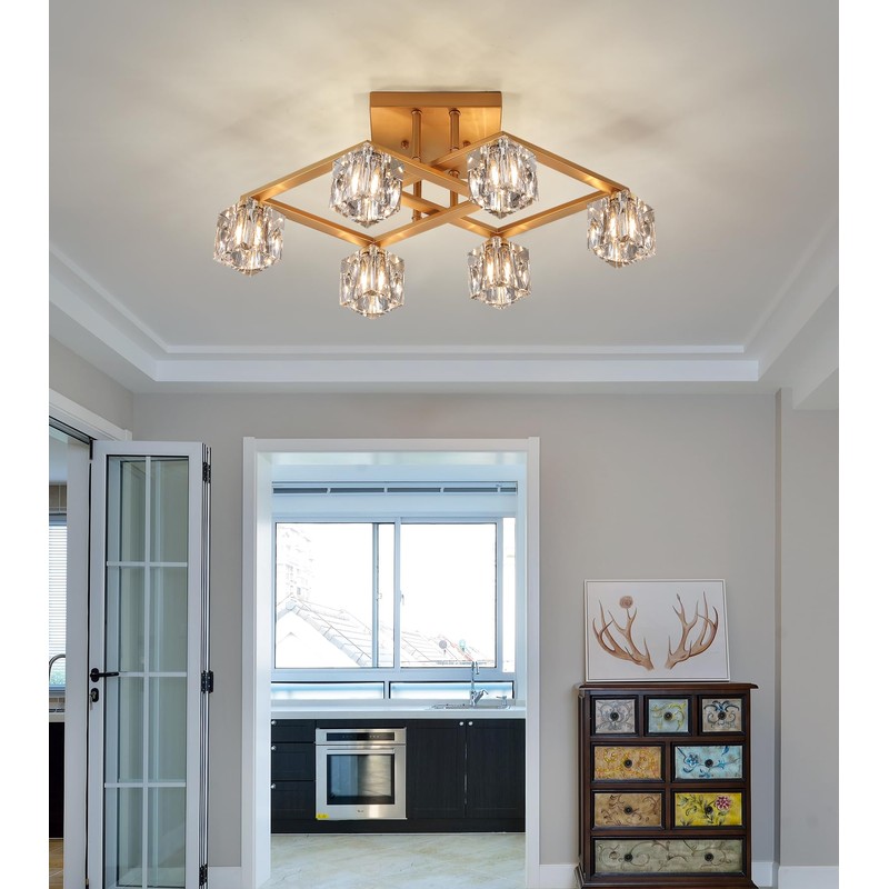 AMZASA Modern Crystal Chandelier,Gold Semi Flush Mount Ceiling Light Antique