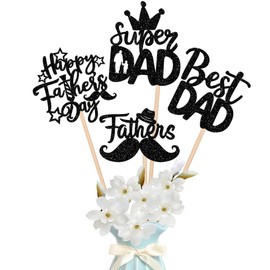 ZHUOWEISM 12 PCS Happy Father's Day Centerpiece Sticks Double Sided Glitter Hat Super Dad Best Dad Centerpieces for Happy Father's Day Theme Table Flower Decorations Men Birthday Party Supplies Black