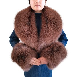 Eosxrp Faux Fur Collar Cuffs Set Warm Fake Fur Scarf Winter Women Fluffy Large Shawl Furry Scarves (Brown-set)