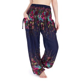 Lannaclothesdesign Harem Pants Women High Waist Bohemian Yoga Pants with Pockets - Boho Hippie Clothes (XL, Dark Blue)
