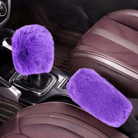 Hovom 2PCS Fluffy Car Gear Shift Knob Cover & Handbrake Cover, Soft Plush Hand Brake Handle & Gear Shift Cover for Women Girls, Universal Comfortable Warm Furry Car Accessories (Purple)