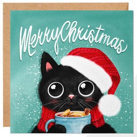 Cat Christmas Card with Santa Hat - Cute Xmas Greeting Card with Envelope for Family, Friends, and to All of You