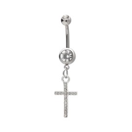 Daesar Navel Bar, Belly Bars Surgical Steel Dangly Belly Button Bars Cubic Zirconia Cross Belly Button Bars Silver