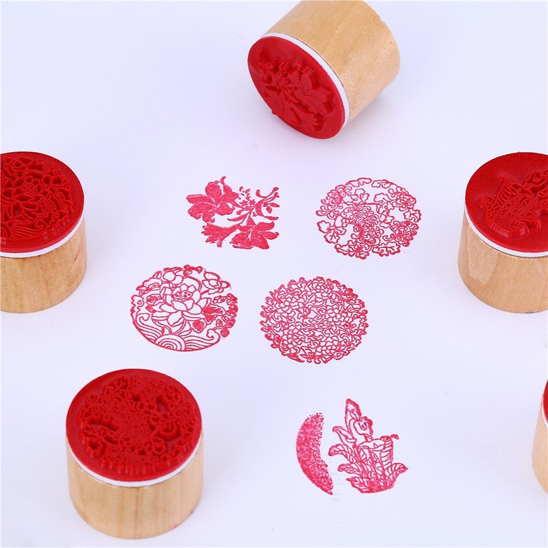CCINEE 6pcs Round Rubber Stamps Floral Pattern Wooden Stamps for