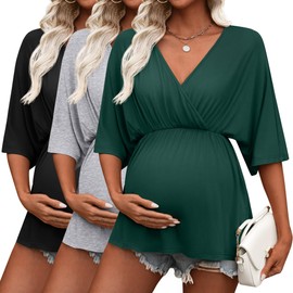 Ficerd 3 Pack Womens Maternity Shirts, V Neck Nursing Pajamas Pregnancy Nightgown Tops 3/4 Sleeve Sleepwear for Breastfeeding(Dark Green, Light Gray, Black,XX-Large)