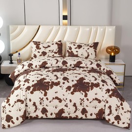 PERFEMET Brown and Beige Cow Print Bedding Set 3 Pieces Cartoon Cowhide Twin Comforter Set for Kids Teens Boys Girls Farmhouse Style Western Highland Bed Sets (Beige,Twin)